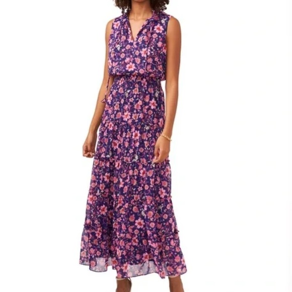 MSK Sleeveless Tie Neck Tiered Maxi Dress Purple Floral Size 2X - Picture 1 of 5